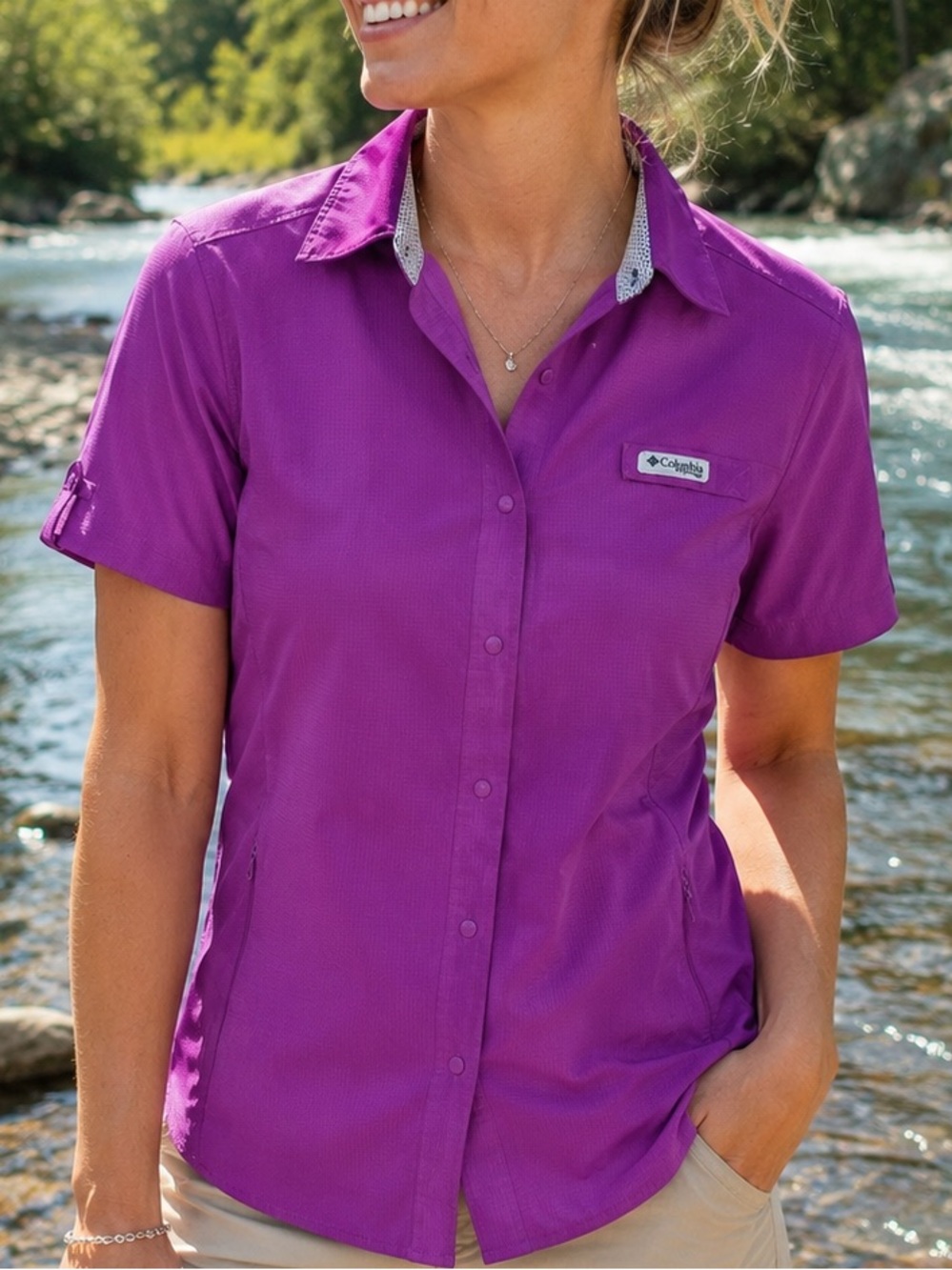 Columbia PFG Women’s Purple Short Sleeve Fishing Outdoor Shirt Med